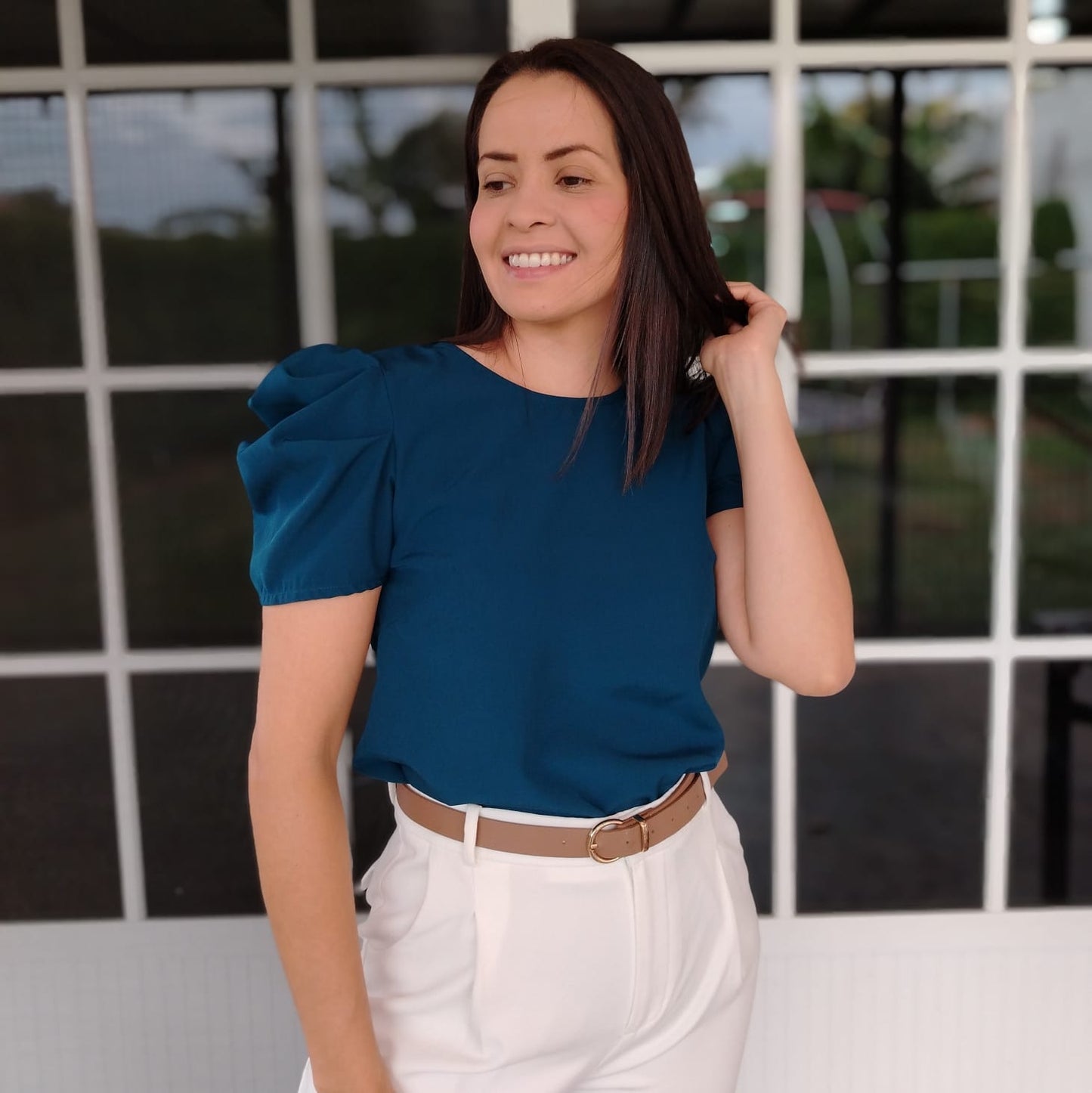 Blusa manga drapeada melón