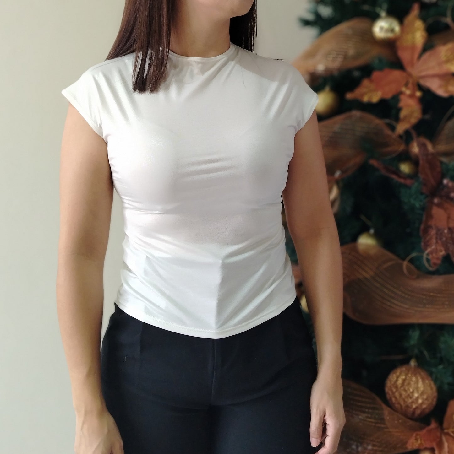 Blusa manga enteriza blanco hueso con brillo