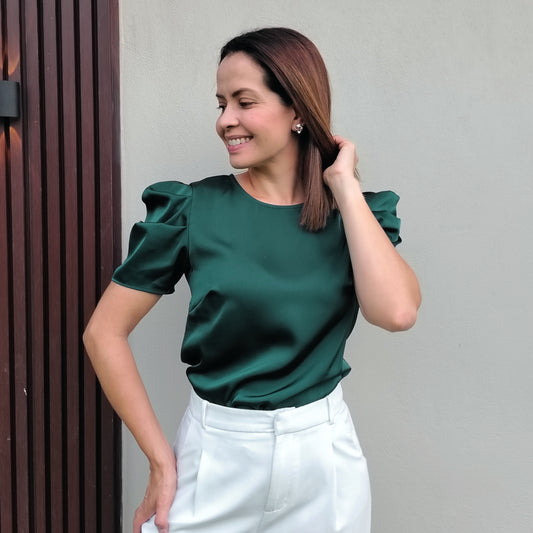 Blusa satín manga drapeada