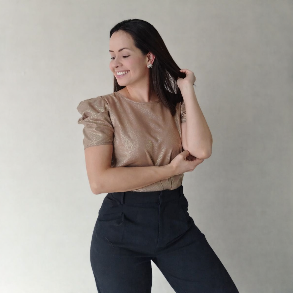 Blusa manga drapeada brillo marrón