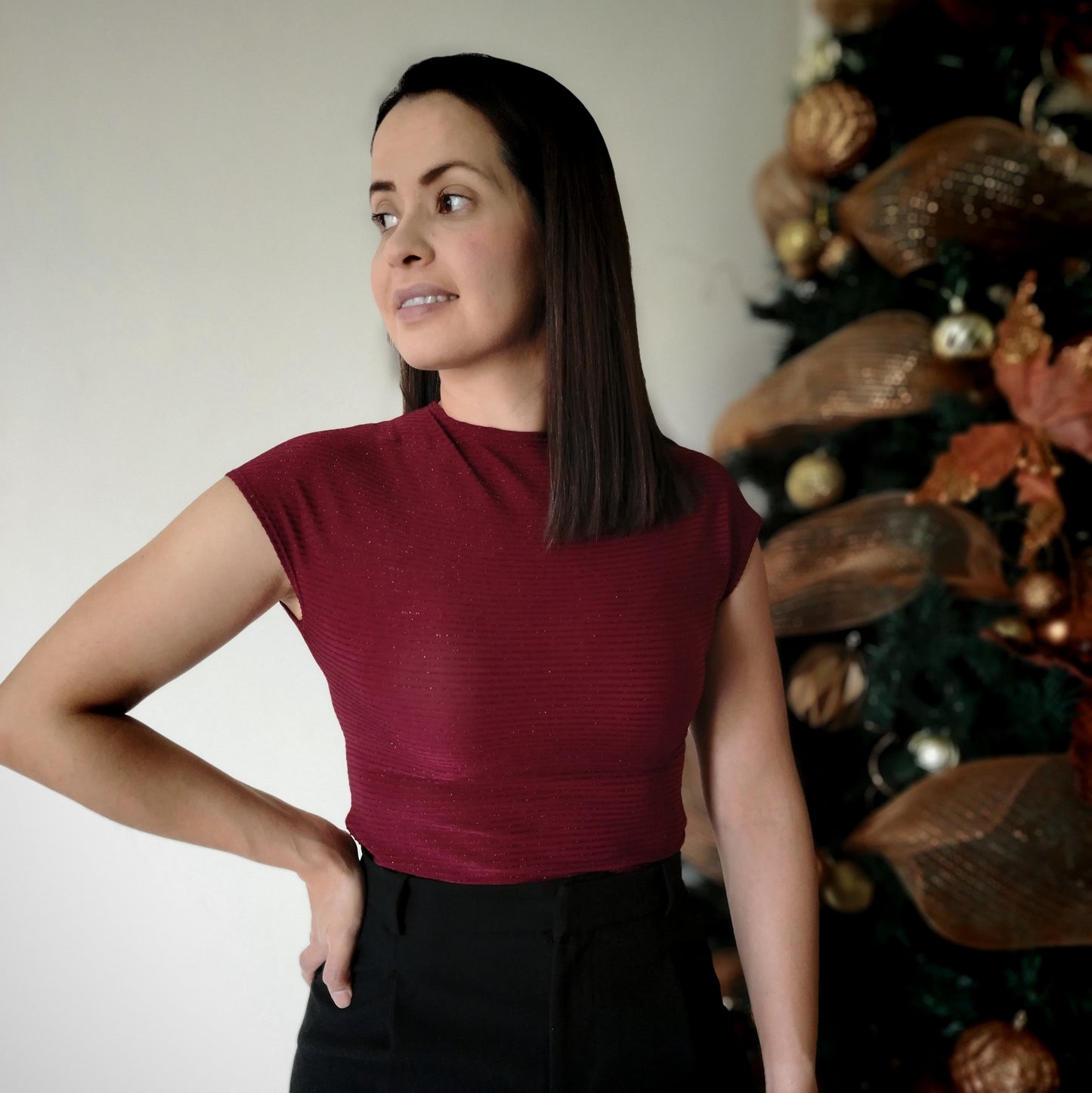 Blusa manga enteriza vino con brillo