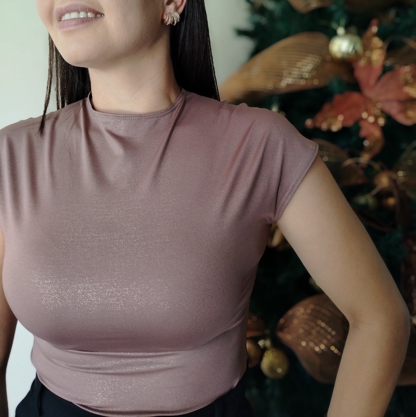 Blusa manga enteriza marrón con brillo